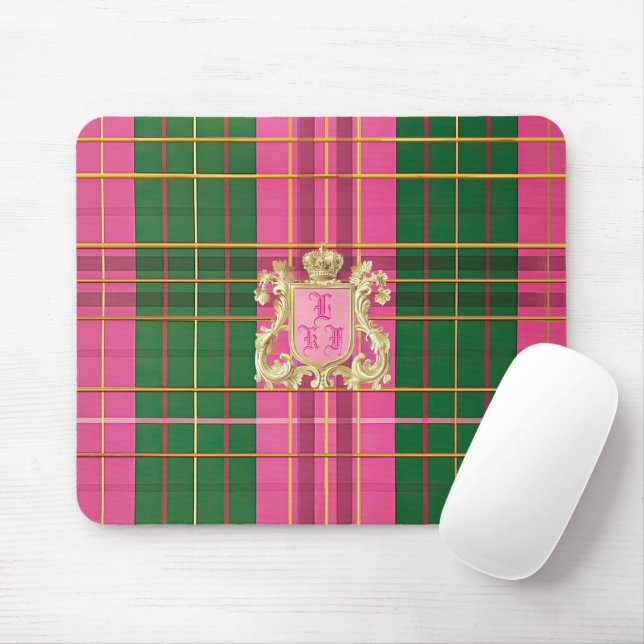 Charming Pink and Green Plaid Monogram Mouse Pad (With Mouse)