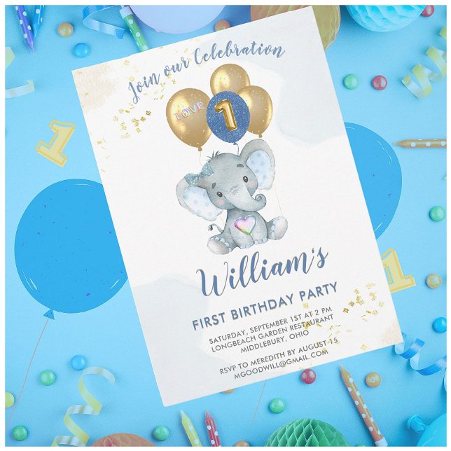 Charming Pink Blue Elephant First Birthday Boy Invitation (Creator Uploaded)