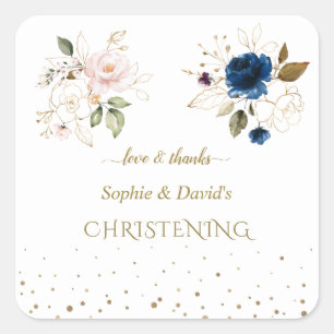 Charming Pink Blue Gold Flowers Twins Christening Square Sticker