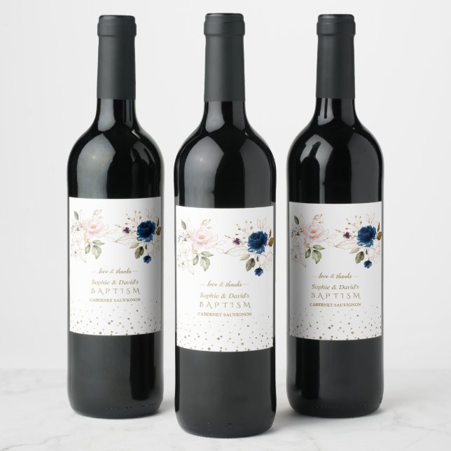 Charming Pink Blue Gold Flowers Twins Christening Wine Label (Bottles)