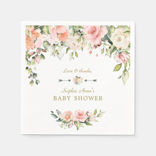 Charming Pink Blush Cream Flowers Baby Shower Napkin (Front)