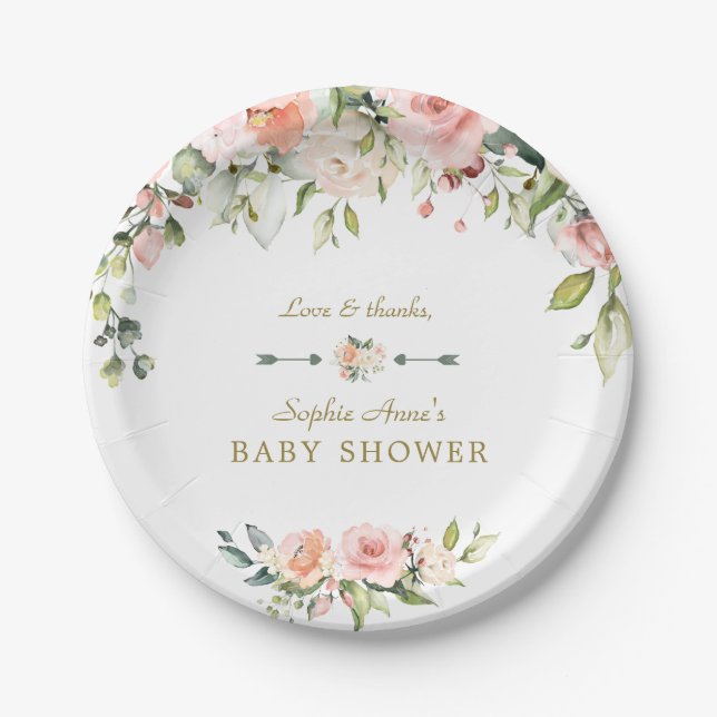 Charming Pink Blush Cream Flowers Baby Shower Paper Plate (Front)