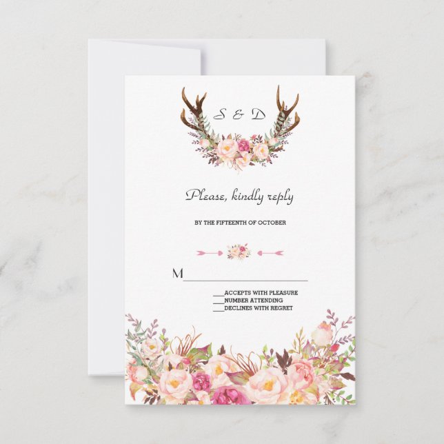 Charming Pink Blush Floral Antlers Wedding RSVP (Front)