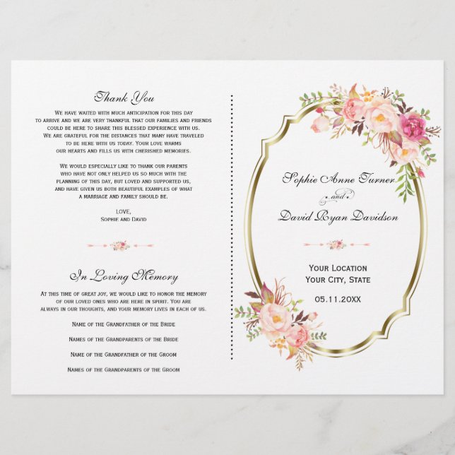 Charming Pink Blush Floral Gold Wedding Program (Front)