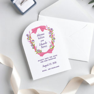 Charming Pink Bow Lilac Wildflowers Crest Save The Date