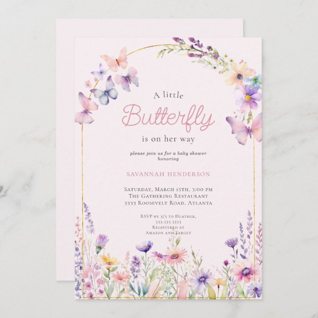 Charming Pink Floral Butterfly Baby Shower Invitation (Front/Back)