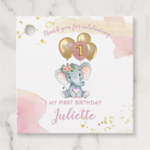 Charming Pink Floral Elephant First Birthday Girl Favour Tags