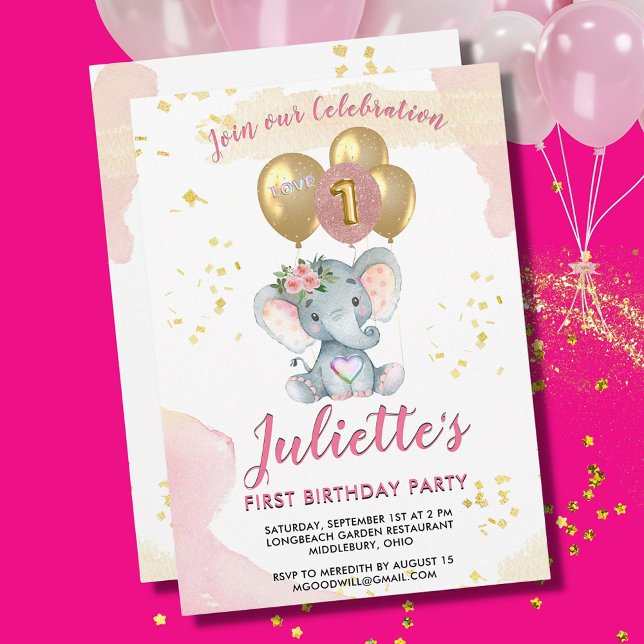 Charming Pink Floral Elephant First Birthday Girl Invitation (Creator Uploaded)
