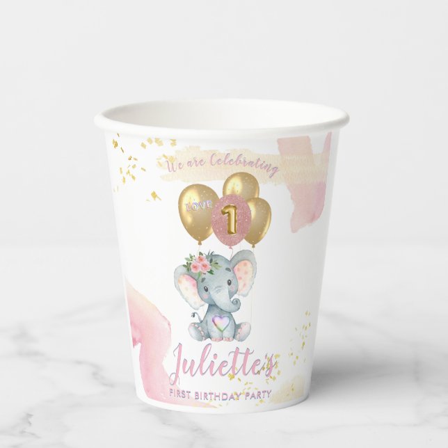 Charming Pink Floral Elephant First Birthday Girl Paper Cups (Front)