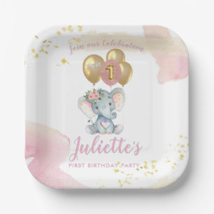 Charming Pink Floral Elephant First Birthday Girl Paper Plate