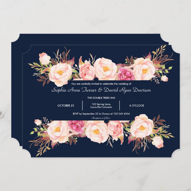 Charming Pink Floral Frame Navy Blue Wedding Invitation (Front/Back)