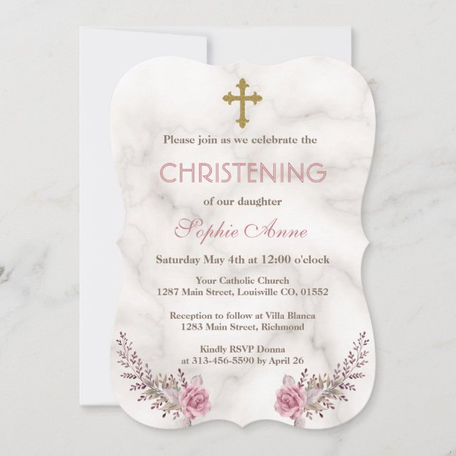Charming Pink Floral Marble Girl Christening Invitation (Front)