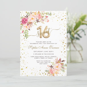 Charming Pink Flowers Gold Confetti Sweet 16 Invitation