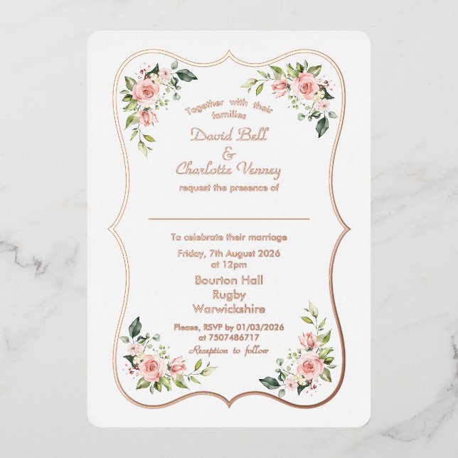 Charming Pink Flowers Rose Gold Frame Wedding (Front)