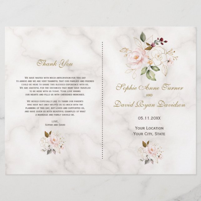 Charming Pink Gold Flowers Marble Wedding Program (Front)