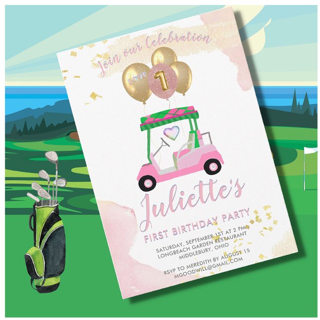 Charming Pink Golf Cart First Birthday Girl  Invitation (Creator Uploaded)