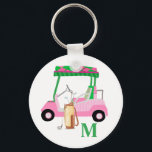 Charming Pink Golf Cart with Clubs and Monogram   Key Ring<br><div class="desc">A charming unique golf cart -- pink and green -- tastefully done -- ready to run the course -- -This is a great gift for all golf lovers -- fun / attractive / unique. Personalise it with your/her initials/monogram. If you have any design questions or a special request, please send...</div>
