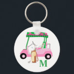 Charming Pink Golf Cart with Clubs and Monogram   Key Ring<br><div class="desc">A charming unique golf cart -- pink and green -- tastefully done -- ready to run the course -- -This is a great gift for all golf lovers -- fun / attractive / unique. Personalise it with your/her initials/monogram. If you have any design questions or a special request, please send...</div>