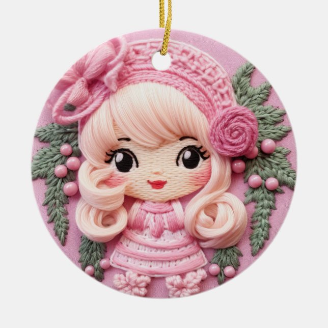 Charming Pink Holiday Elf Ceramic Ornament (Front)