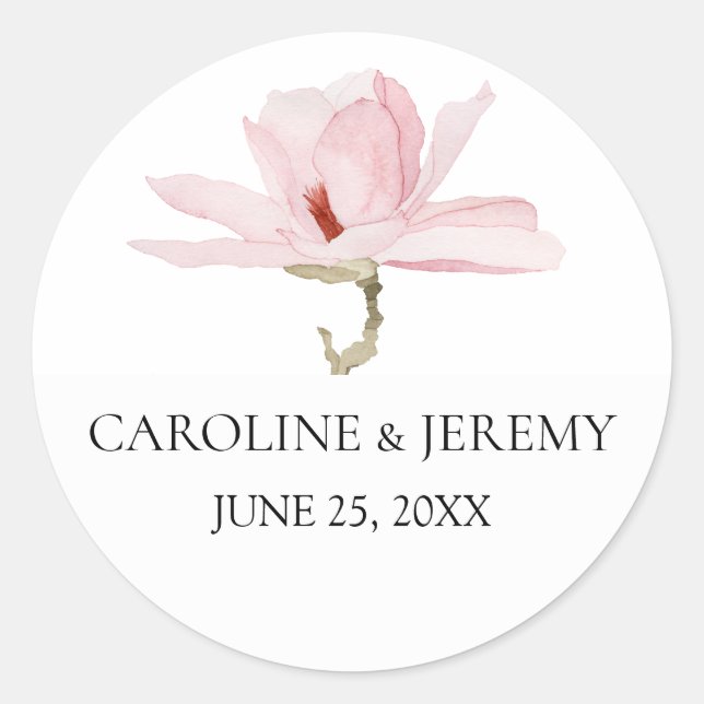 Charming Pink Magnolia Wedding Classic Round Sticker (Front)