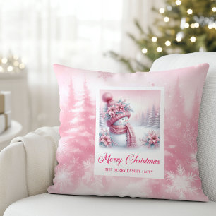 Charming Pink Snowman Christmas Scene Pillow Gift