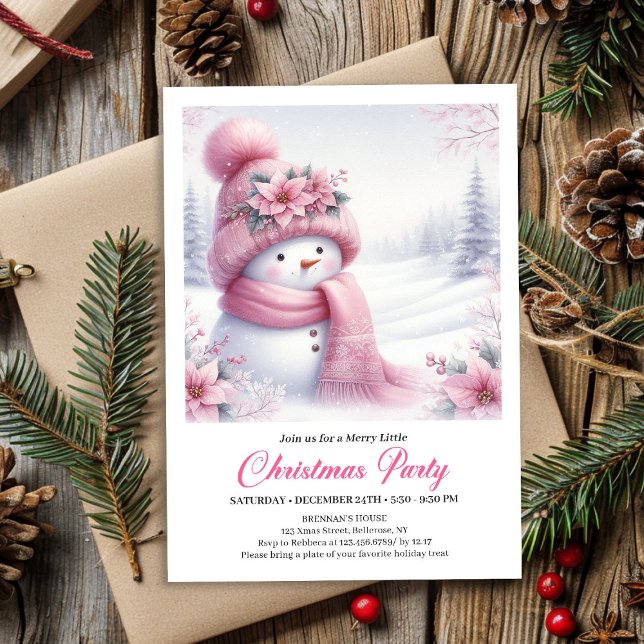 Charming Pink Snowman Editable Christmas Invite   (Charming Pink Snowman Editable Christmas Invite for Kids)
