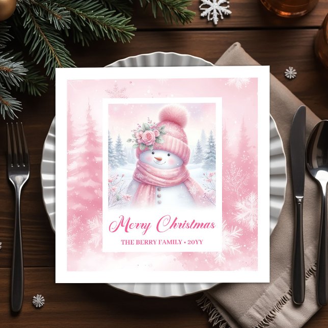 Charming Pink Snowman Kids Cozy Winter Scene Xmas Napkin (Charming Pink Snowman Kids Cozy Winter Scene Christmas Napkins

)