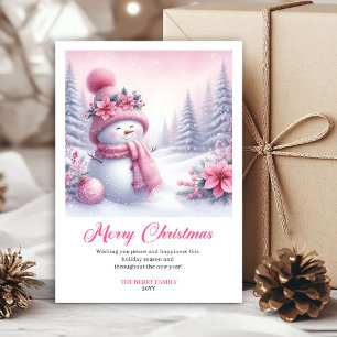 Charming Pink Snowman Kids Editable Christmas Card