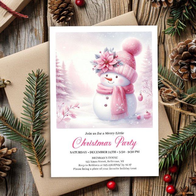 Charming Pink Snowman Kids Editable Christmas  Invitation (Charming Pink Snowman Kids Editable Christmas Invitation

)
