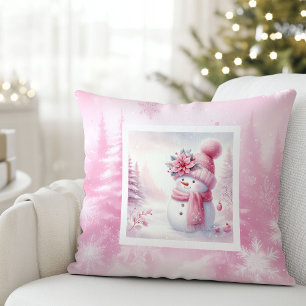 Charming Pink Snowman Snowy Winter Pillow Gift