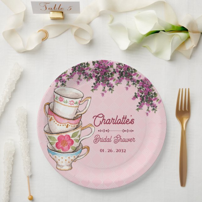 Charming Pink Teacup Floral Bridal Shower Party Paper Plate (Wedding)