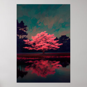 Charming Pink Tree by the Reflective Lake Poster