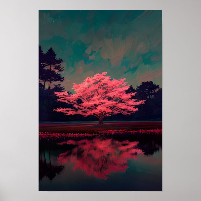 Charming Pink Tree by the Reflective Lake Poster (Front)