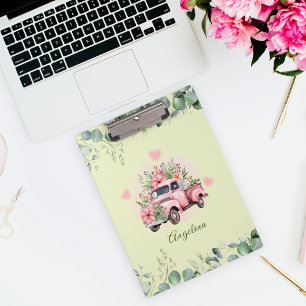 Charming Pink Watercolor Truck Floral Green Clipboard