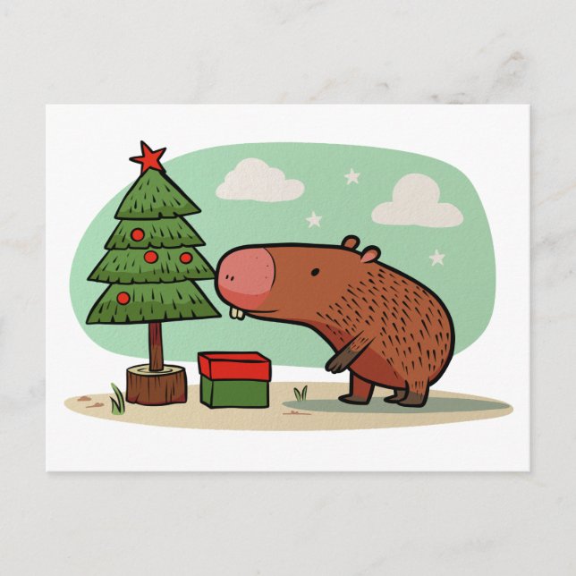 Charming Playful Christmas Capybara Drawing Postcard (Front)