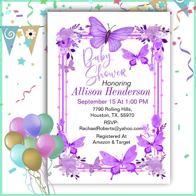 Charming Purple And Lavender Butterfly Baby Shower Invitation (Creator Uploaded)