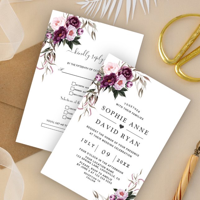 Charming Purple Pink Peony Flowers Wedding  Invitation (Creator Uploaded)