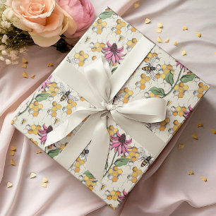 Charming Queen Bee, Honeycomb & Exotic Flowers  Wrapping Paper