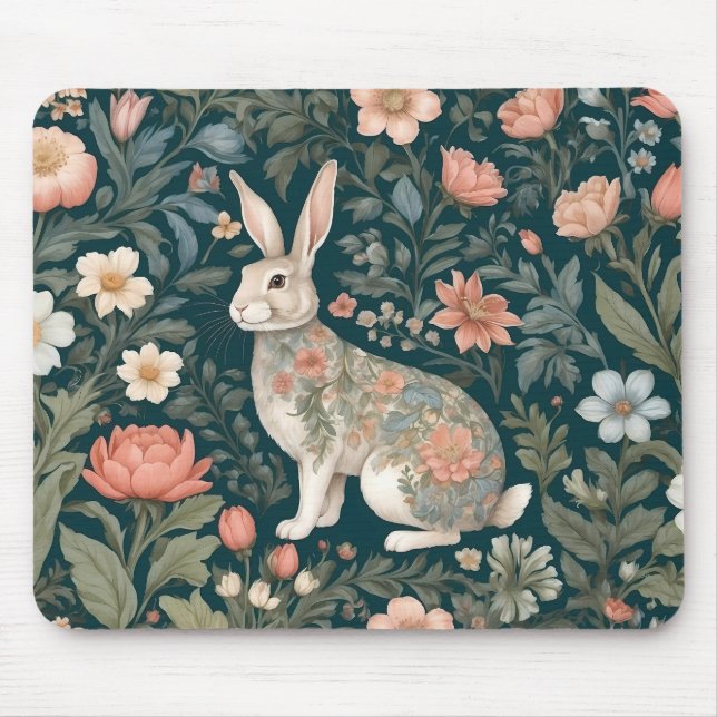 Charming Rabbit William Morris Inspired Floral Mouse Pad (Front)