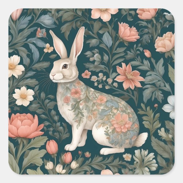 Charming Rabbit William Morris Inspired Floral Square Sticker (Front)