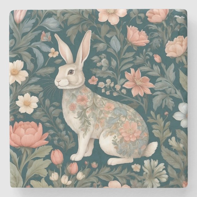 Charming Rabbit William Morris Inspired Floral Stone Coaster (Front)