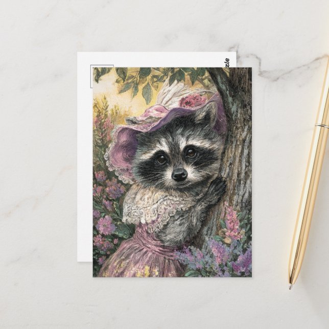 Charming Racoon in a Pink Dress Postcard (Front/Back In Situ)