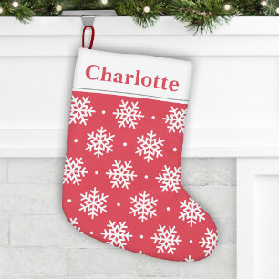 Charming Red and White Snowflake Name Monogram Small Christmas Stocking