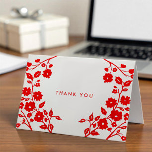 Charming Red Flowers Folk Art Thank You Custom Card