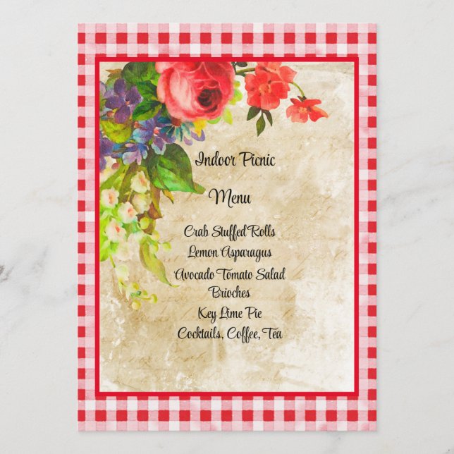 Charming Red Gingham and Flowers Menu Card (Front)