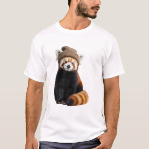 Charming Red Panda Wearing a Brown Beanie Hat T-Shirt