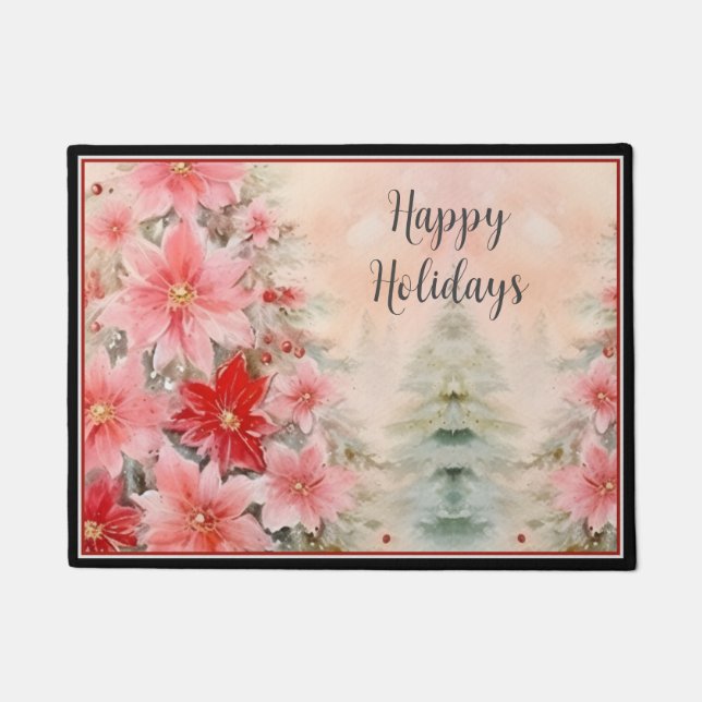 Charming red pink Watercolor Poinsettia Tree Doormat (Front)