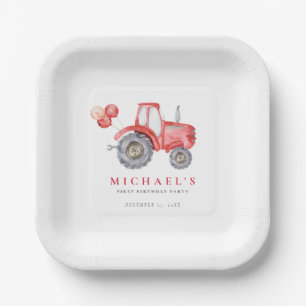 Charming Red Tractor Birthday Paper Plate