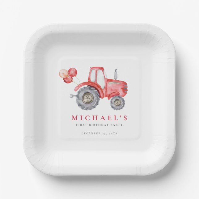 Charming Red Tractor Birthday Paper Plate (Front)