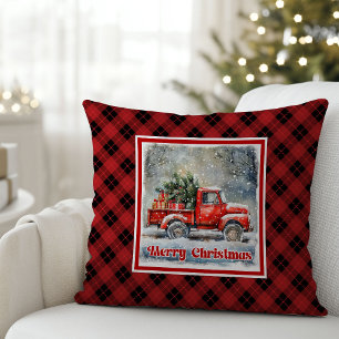 Charming red truck winter scene rustic holiday cushion